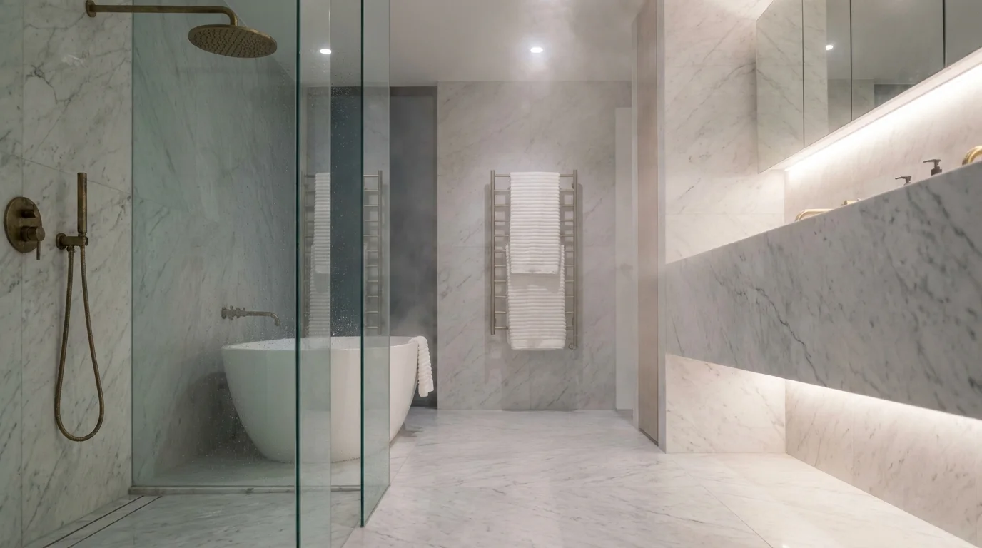 A luxury spa-style bathroom featuring a freestanding tub, Calacatta marble walls, and a glass-enclosed walk-in shower.
