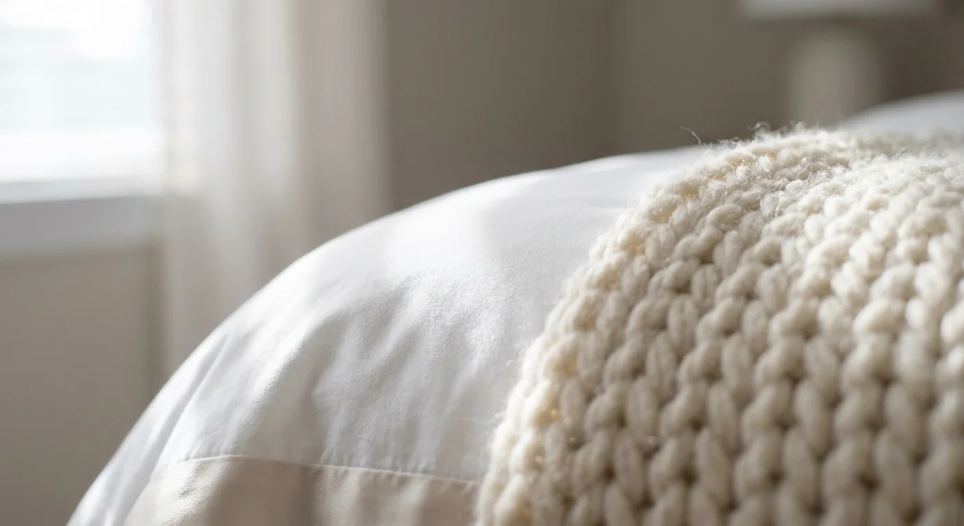 A macro close-up of a white cotton duvet, a chunky wool knit throw, and a silk pillowcase showing detailed textures.