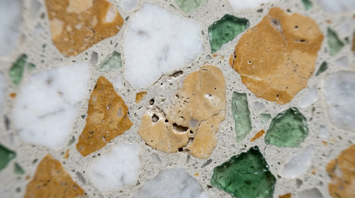 A macro photo of a terrazzo surface showing white, ochre, and green stone chips embedded in grey cement.