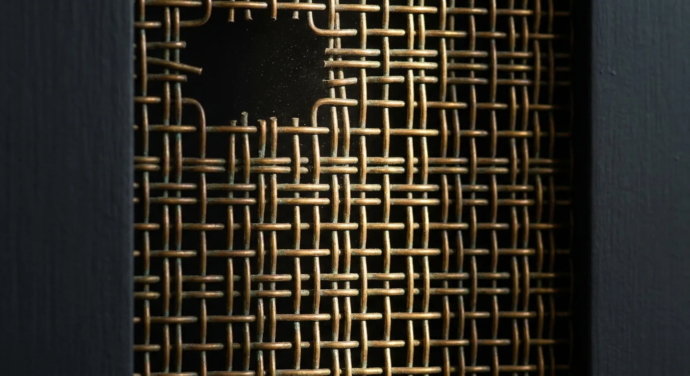 A macro shot of a woven brass mesh panel, showing the intricate metal weave and warm golden patina.