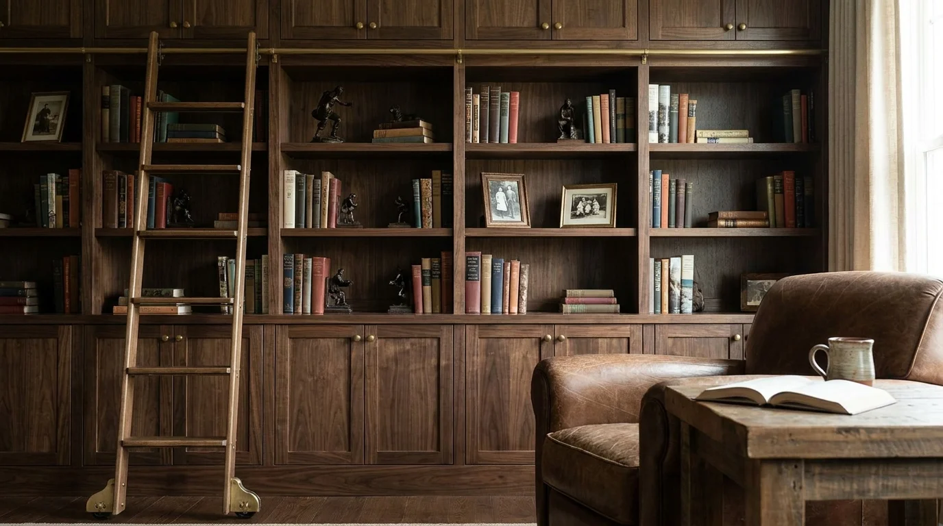 A massive floor-to-ceiling walnut library wall with a rolling brass ladder and a cozy leather chair in the foreground.