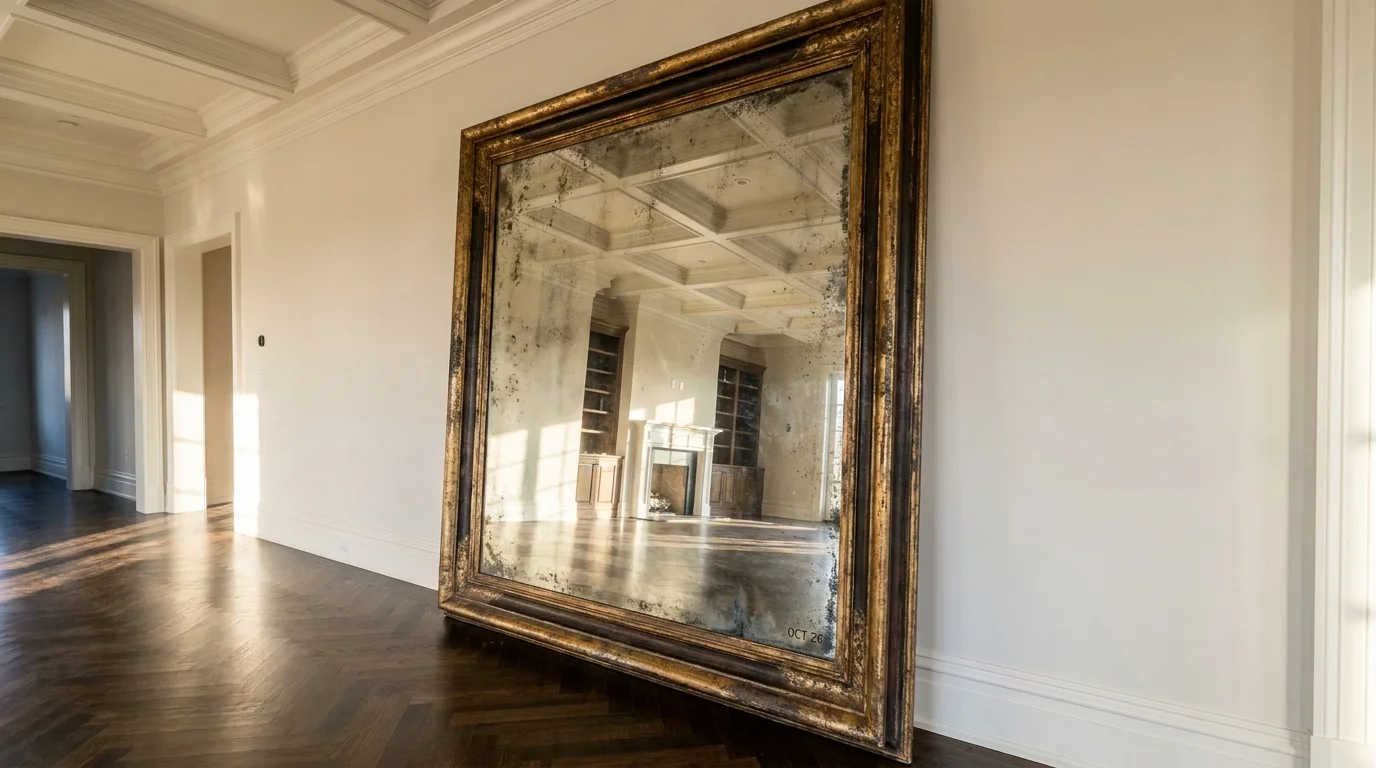 A massive, vintage-framed floor mirror leaning against a wall, reflecting a bright, high-ceilinged room.