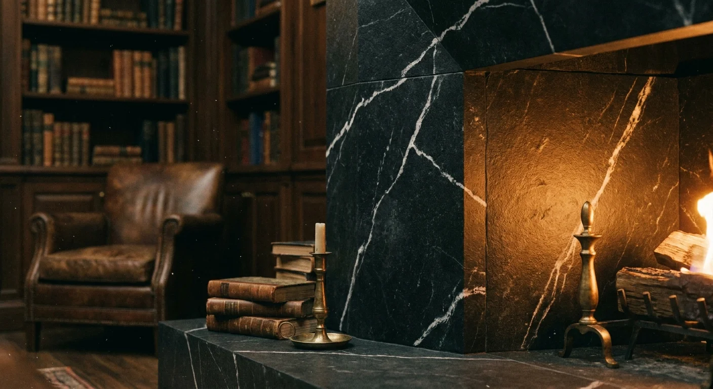 A matte charcoal soapstone fireplace with dramatic white veining in a library with warm lighting.