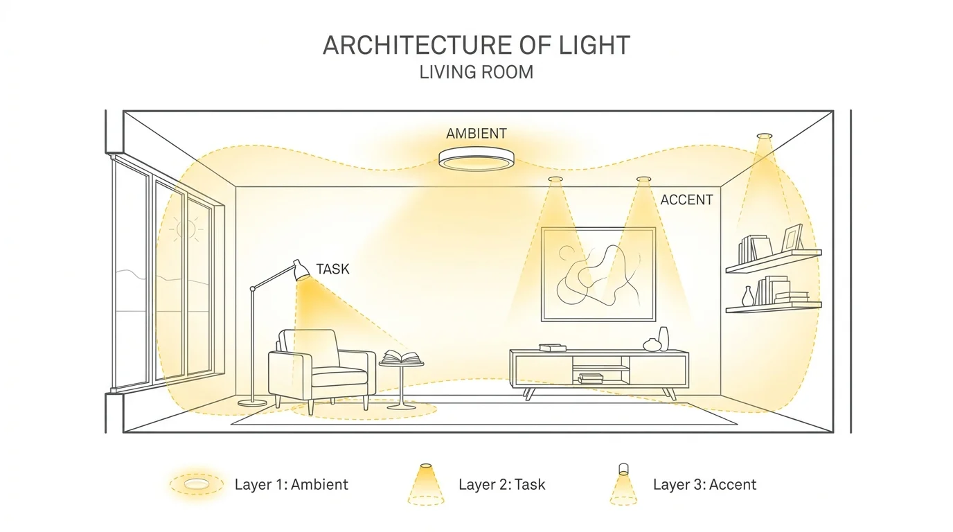 A minimalist architectural diagram showing three layers of lighting in a living room: ambient, task, and accent.
