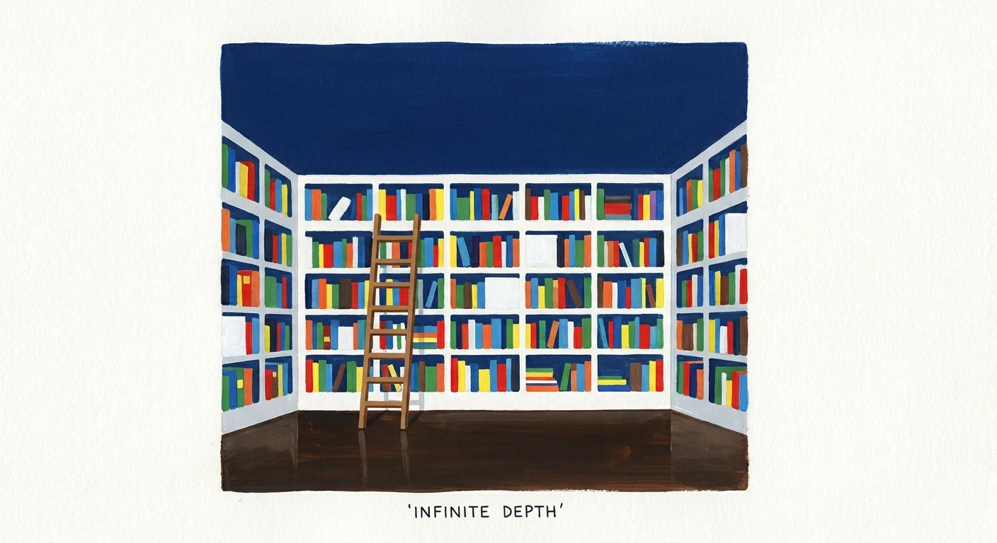 A minimalist gouache drawing of a library with a solid navy blue ceiling and white bookshelves.