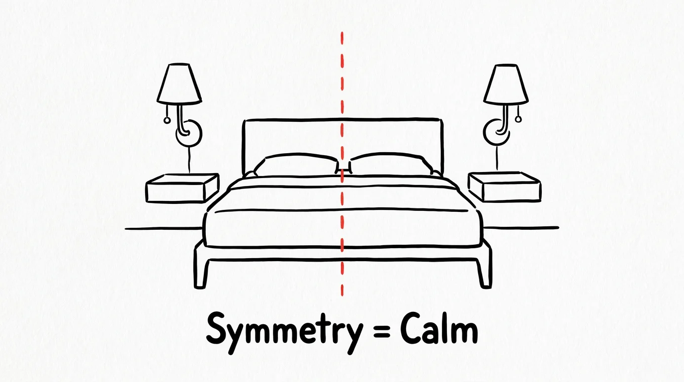 A minimalist ink drawing of a bed perfectly centered between two identical lamps and nightstands with a red center line.