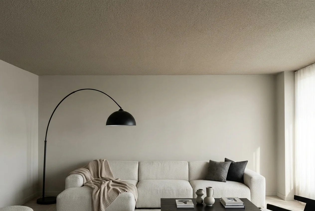 A minimalist living room featuring a warm greige ceiling that blends softly with slightly lighter walls.