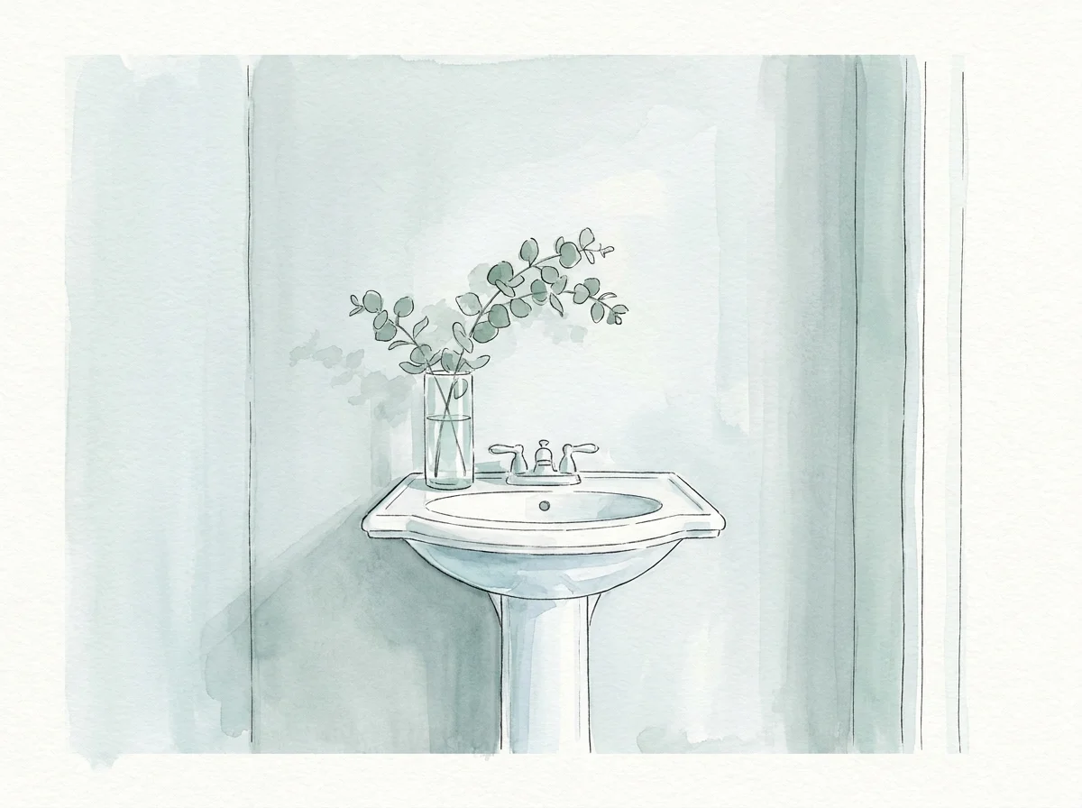 A minimalist painting of a pale seafoam green bathroom with a white sink and a eucalyptus branch.