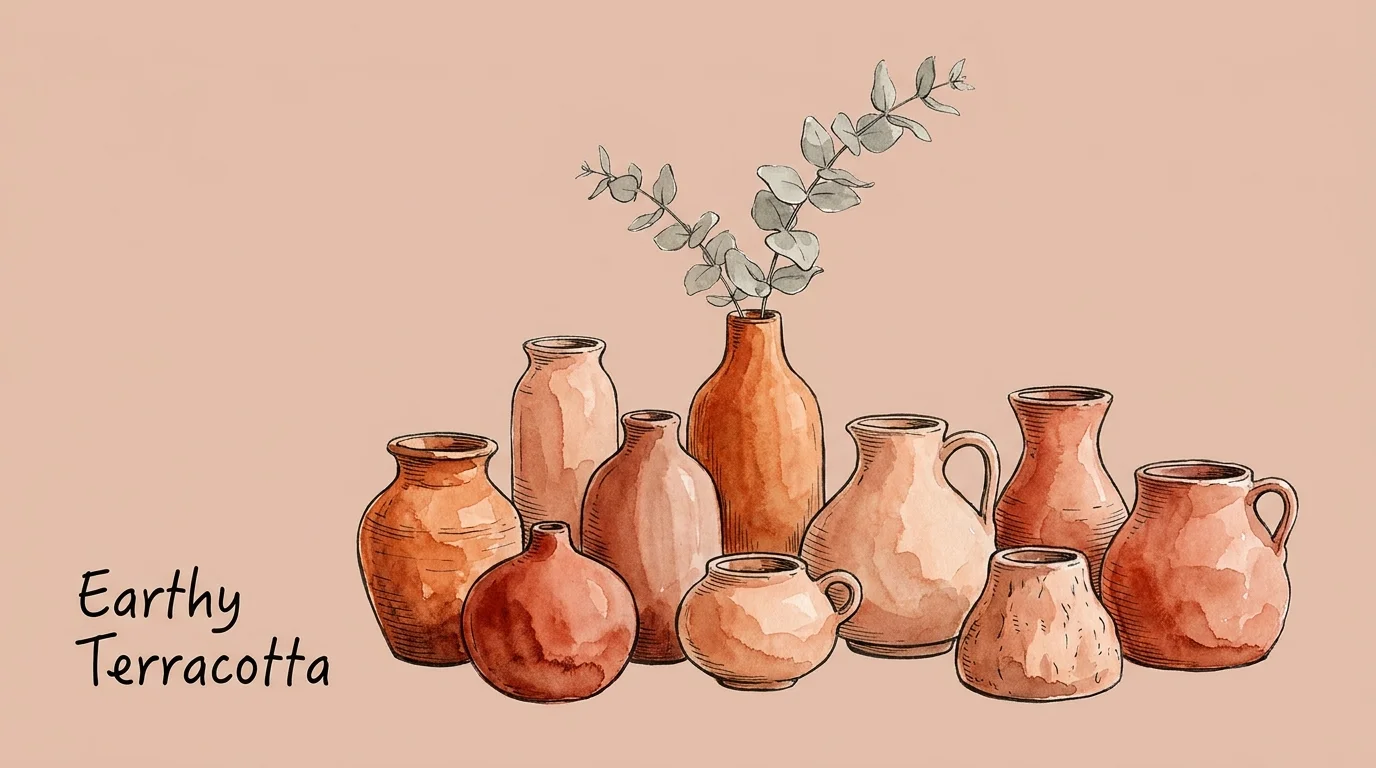 A minimalist watercolor illustration of terracotta pottery against a warm, clay-colored background.