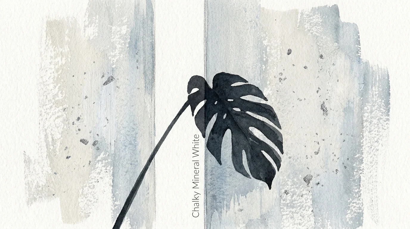 A minimalist watercolor illustration showing the chalky texture of mineral white walls with a leaf shadow.