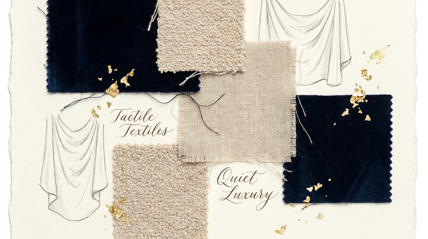 A mixed-media collage featuring fabric swatches of velvet, boucle, and linen with pencil sketches and gold leaf accents.
