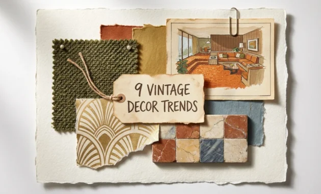 A mixed media collage of vintage decor elements like olive boucle fabric, gold wallpaper, and marble floor samples on a paper background.