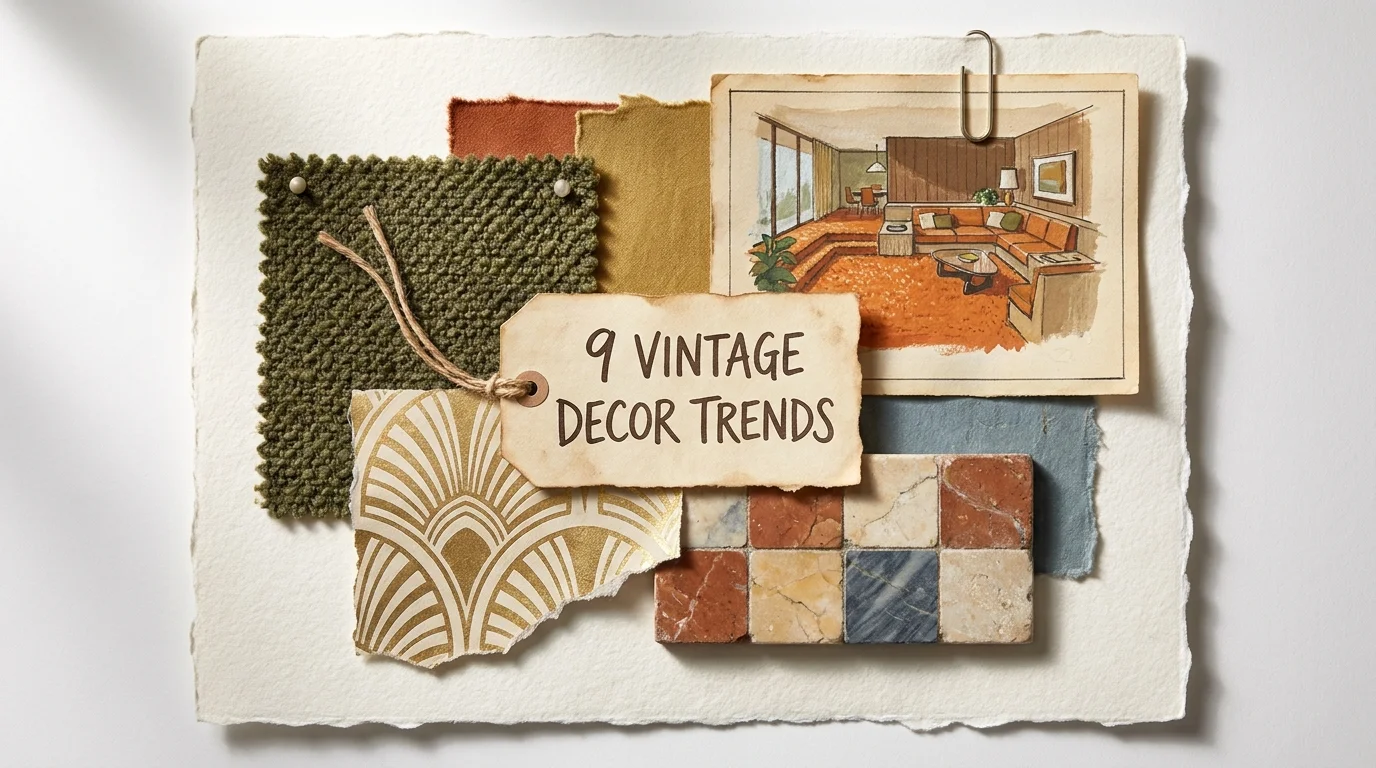 A mixed media collage of vintage decor elements like olive boucle fabric, gold wallpaper, and marble floor samples on a paper background.