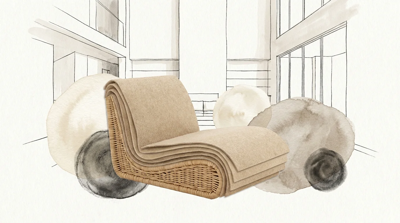 A mixed media illustration of a low-profile lounge chair with textures of felt, rattan, and watercolor.