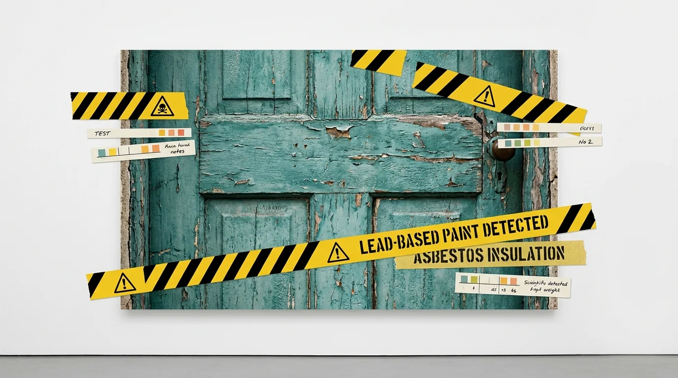A mixed-media illustration of an antique door with 'Lead-Based Paint' labels and yellow hazard tape.