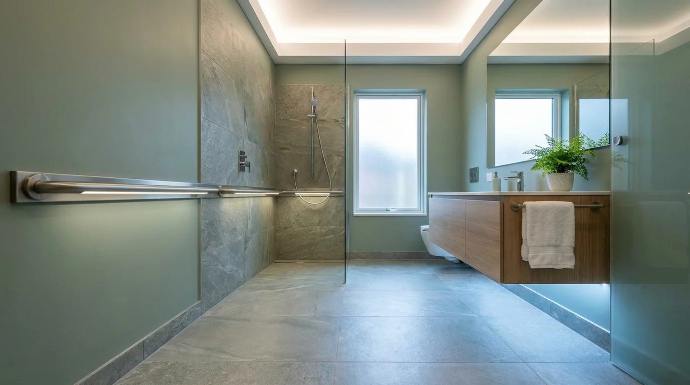 A modern bathroom featuring an illuminated vanity and a grab rail with a built-in LED light for enhanced safety and style.