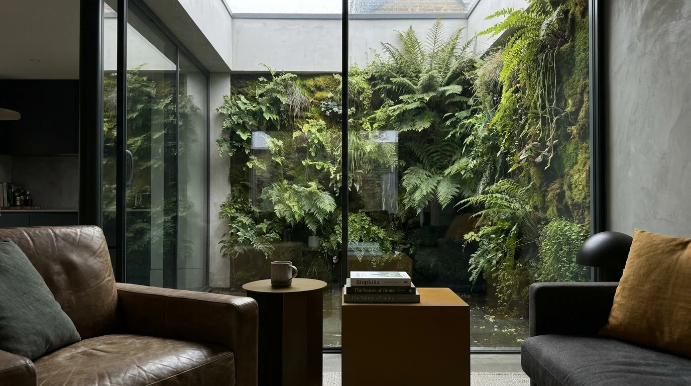 A modern home interior featuring a central glass-walled courtyard filled with lush green plants and natural light.