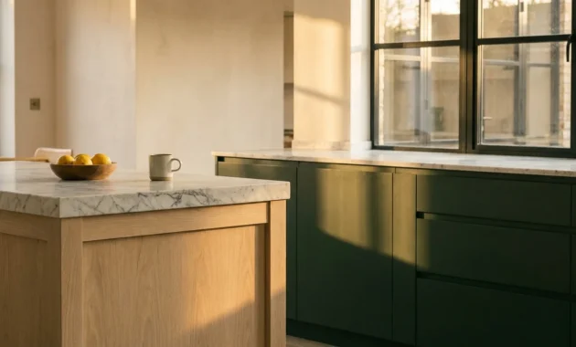 A modern kitchen featuring deep forest green cabinets and light oak accents with marble countertops under soft sunlight.