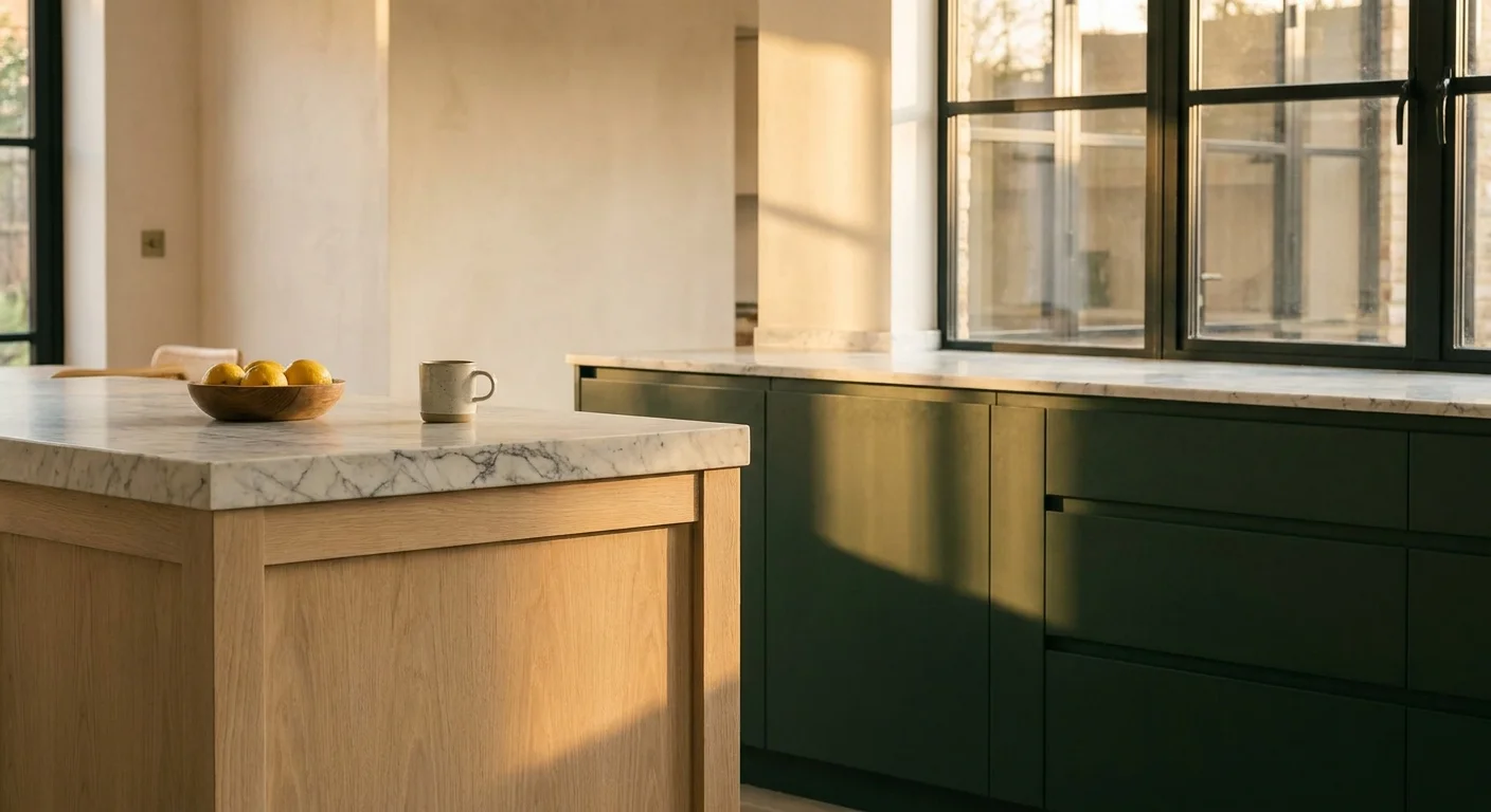 A modern kitchen featuring deep forest green cabinets and light oak accents with marble countertops under soft sunlight.