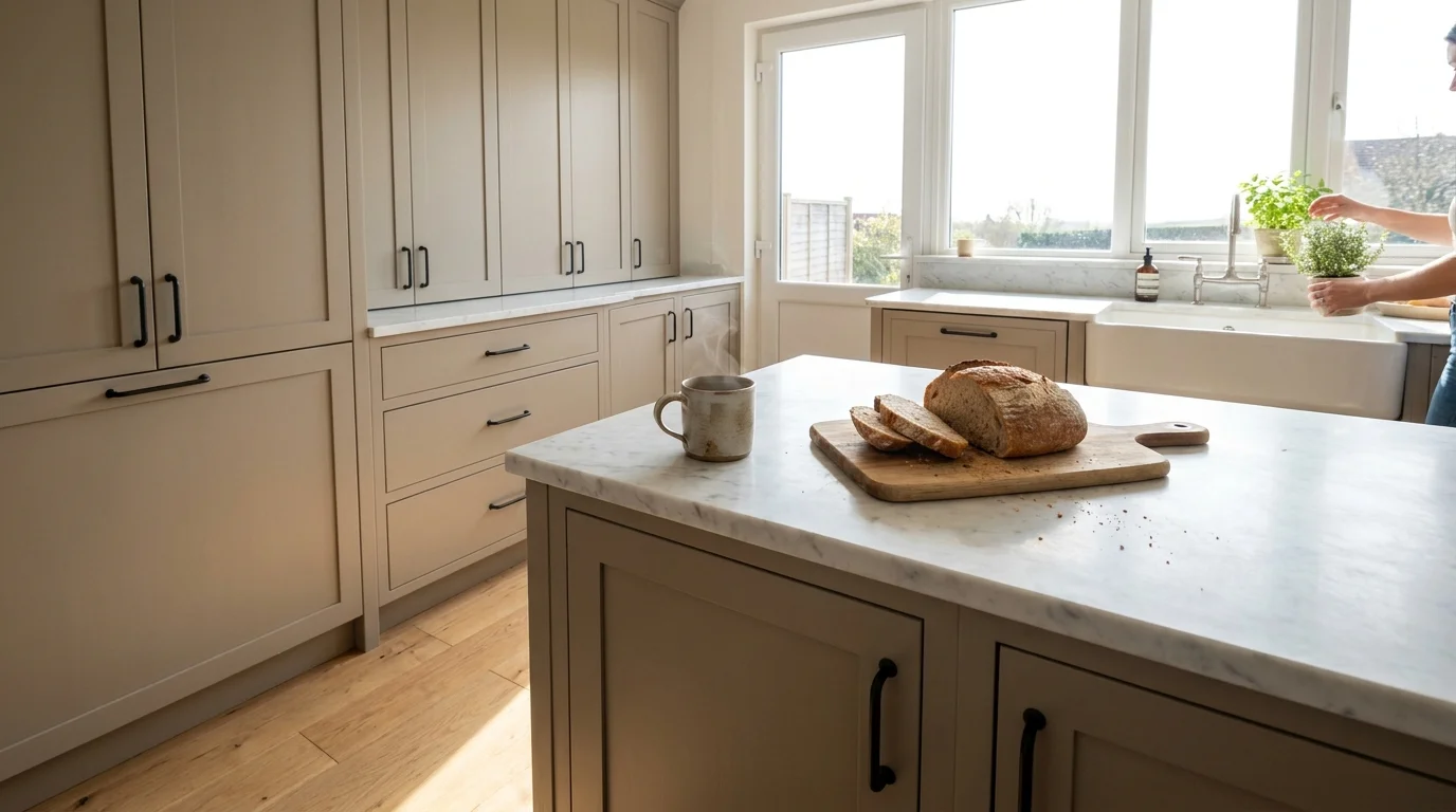 A modern kitchen with mushroom greige cabinets, marble countertops, and warm wood accents.