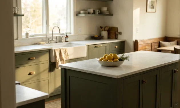 A modern kitchen with sage green cabinets, brass hardware, and a marble island illuminated by soft morning sunlight.