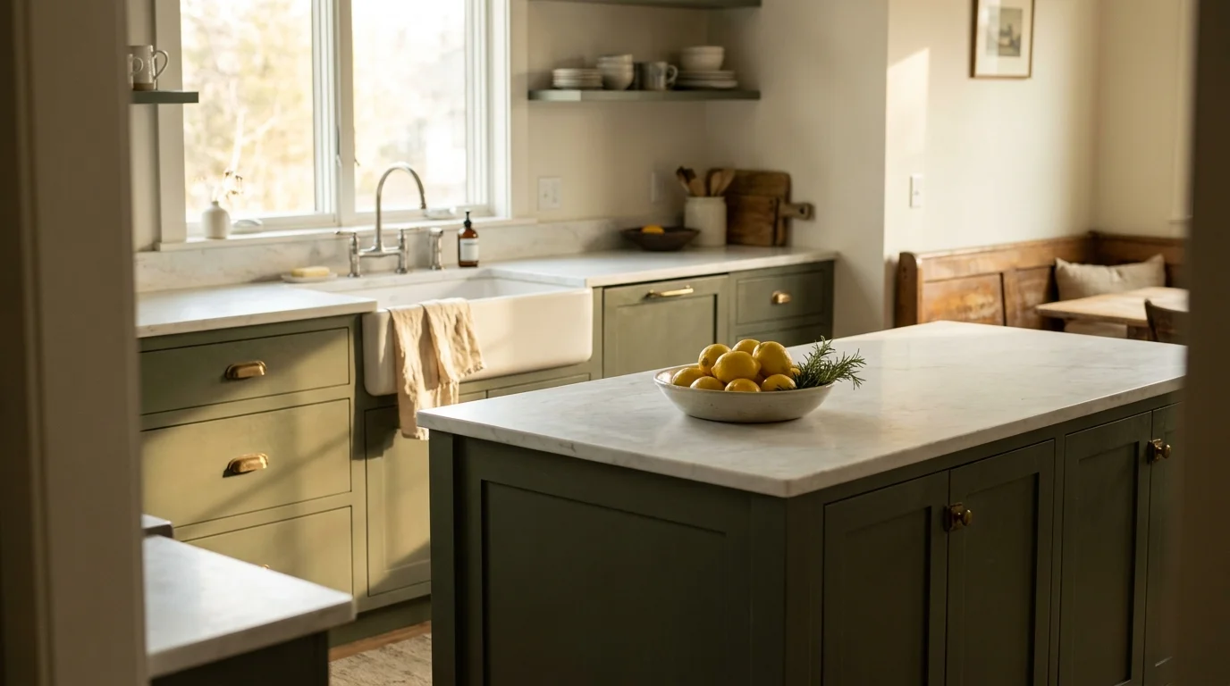 A modern kitchen with sage green cabinets, brass hardware, and a marble island illuminated by soft morning sunlight.