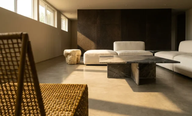 A modern living room featuring a sintered stone table, cork wall panels, and concrete floors, showcasing materials used instead of wood.