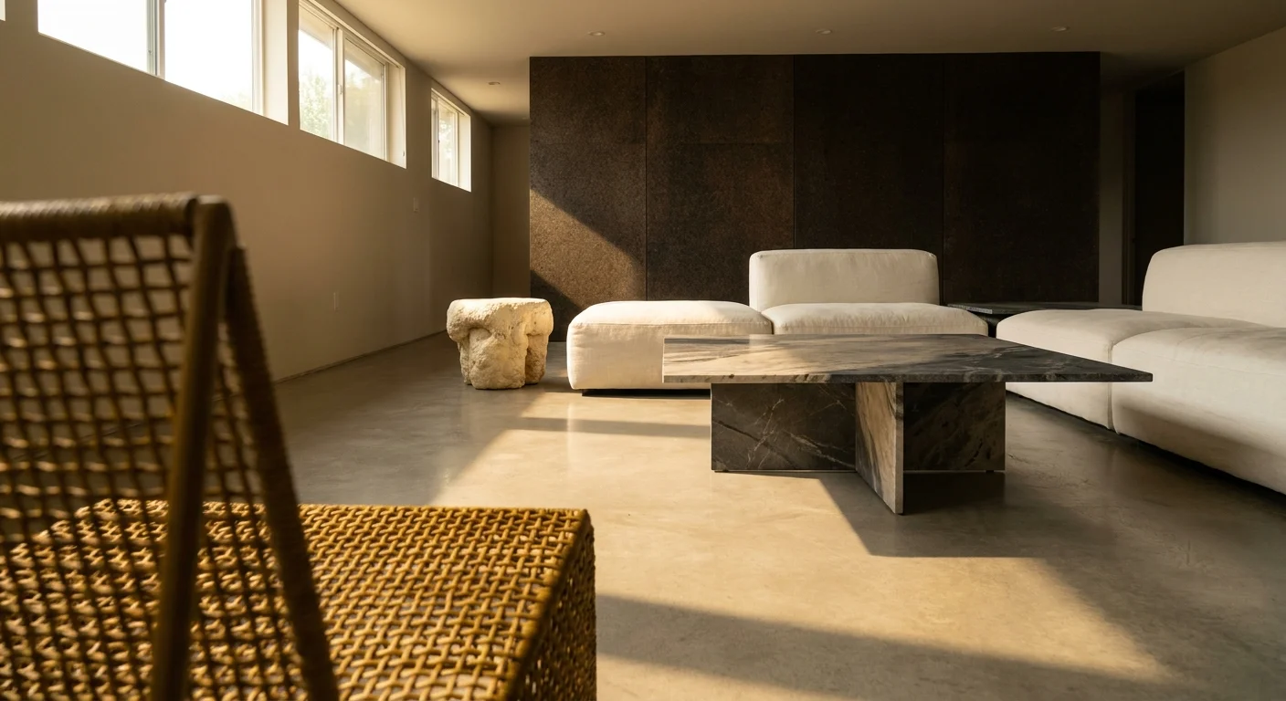 A modern living room featuring a sintered stone table, cork wall panels, and concrete floors, showcasing materials used instead of wood.