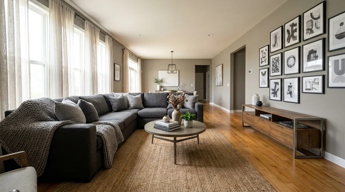 A modern living room with light beige-gray walls, oak floors, and a black-framed gallery wall.
