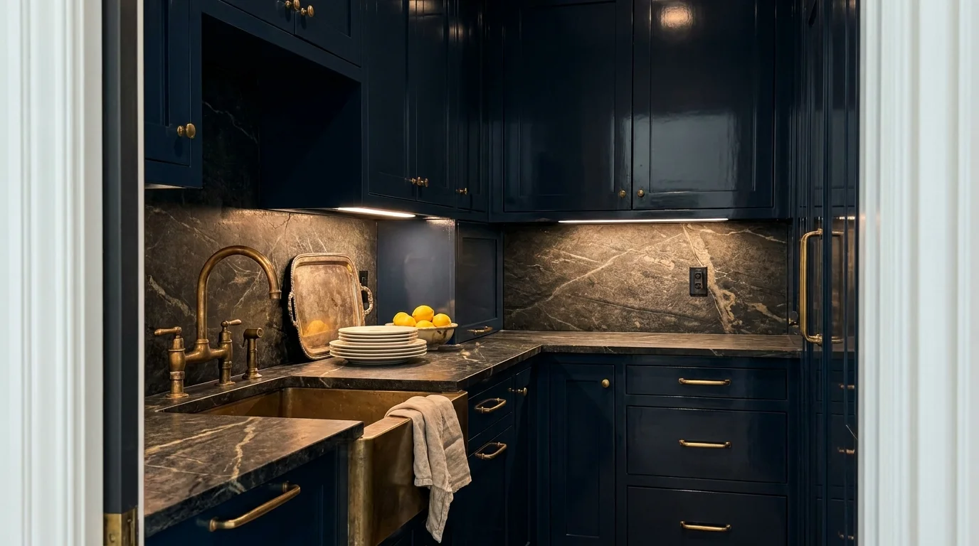 A moody butler's pantry with navy blue cabinets, soapstone counters, and unlacquered brass hardware holding stacks of white plates.