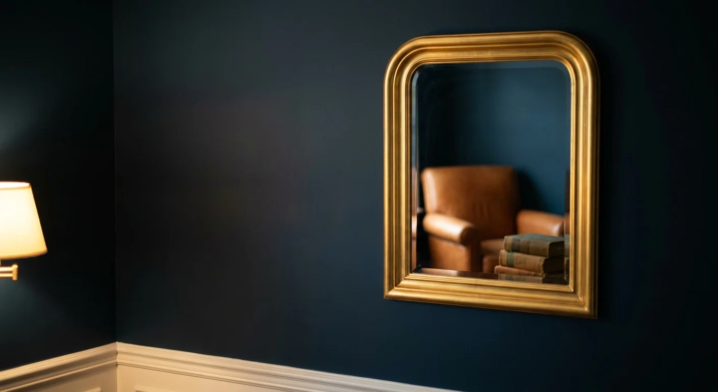 A moody library corner with deep navy blue walls, a gold mirror, and warm lighting.