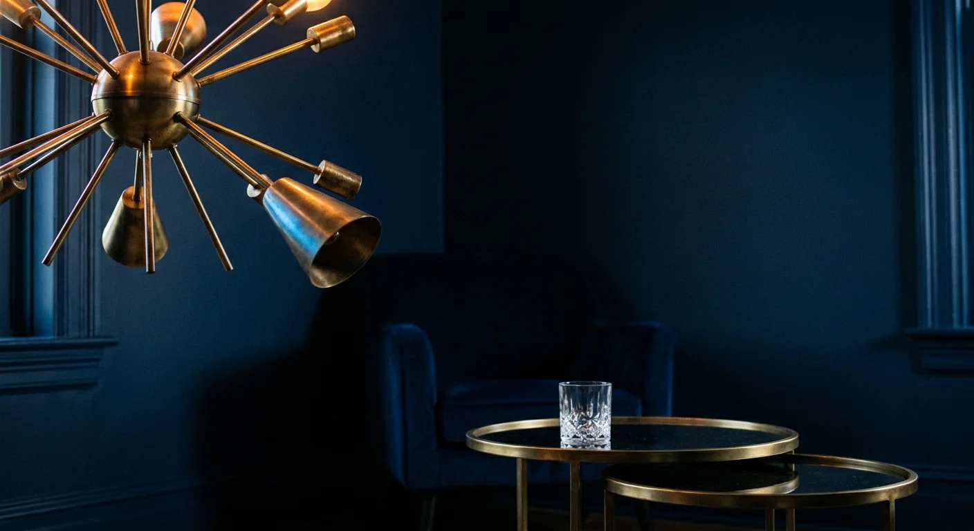 A moody room with midnight blue walls and a glowing burnished brass chandelier.