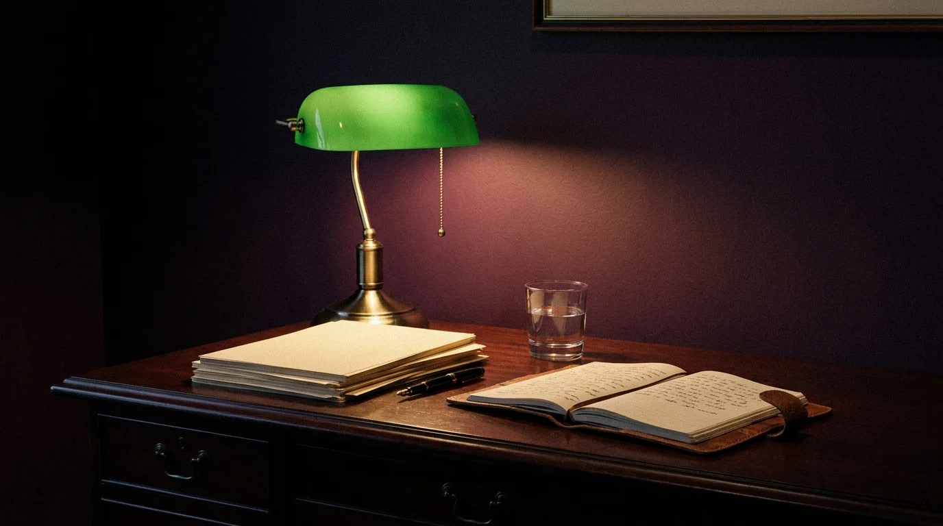 A moody study at dusk with deep aubergine walls and a single lit banker's lamp on a wooden desk.