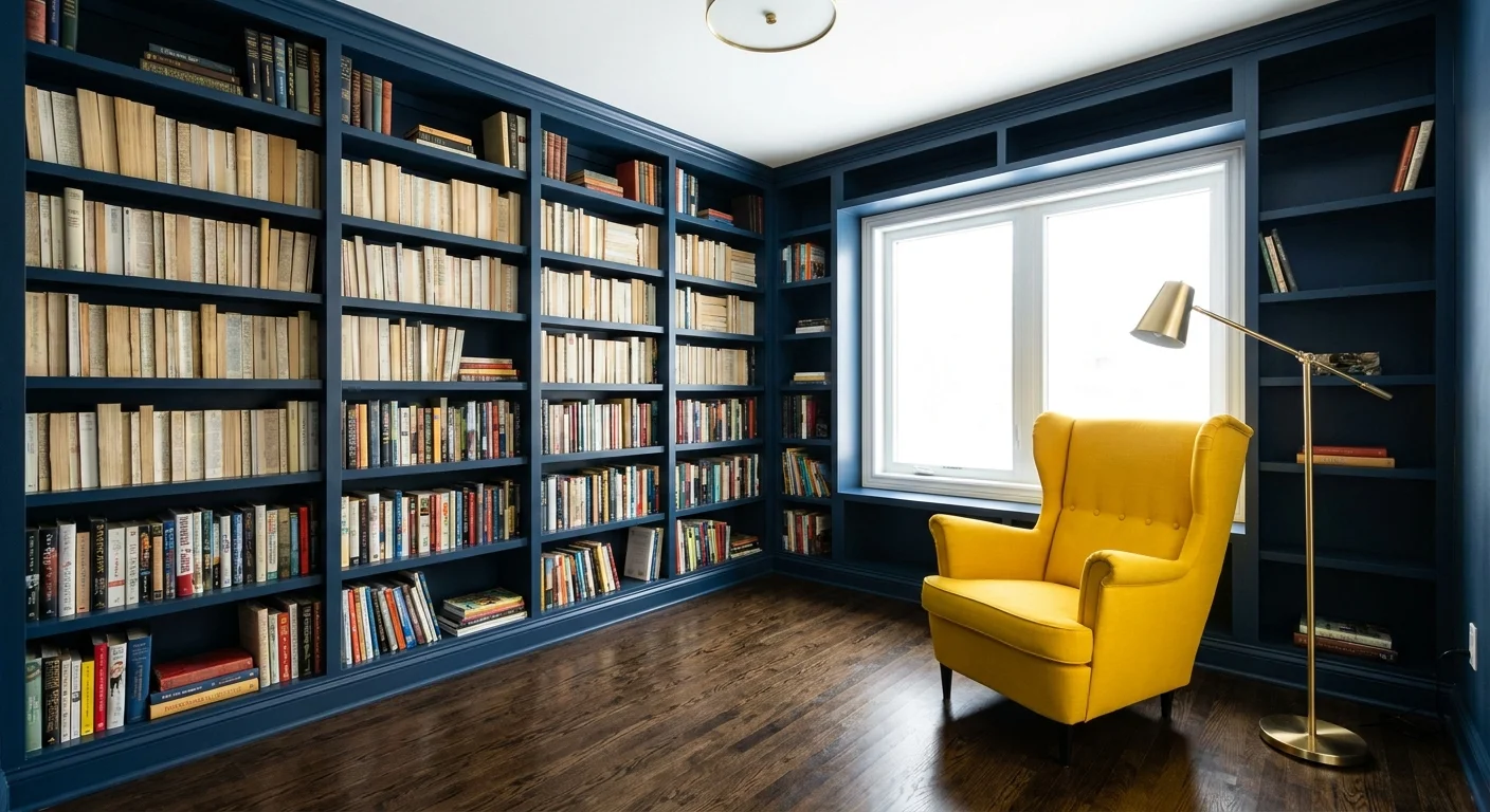 A mustard yellow wingback chair sits in front of a floor-to-ceiling navy blue bookshelf.
