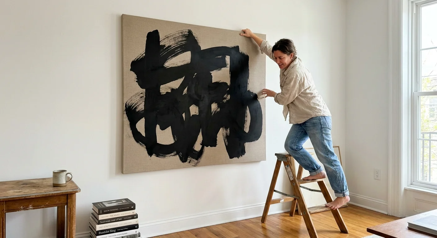 A person hanging a very large abstract painting on a living room wall, showing the dramatic impact of oversized art.