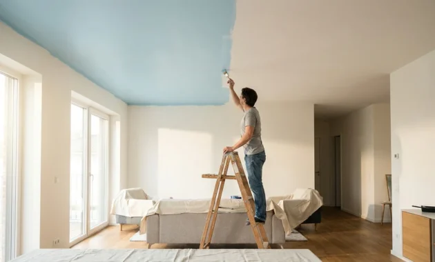 A person on a ladder painting a ceiling a soft sky blue next to an old white section, showing how the new color opens up the room.