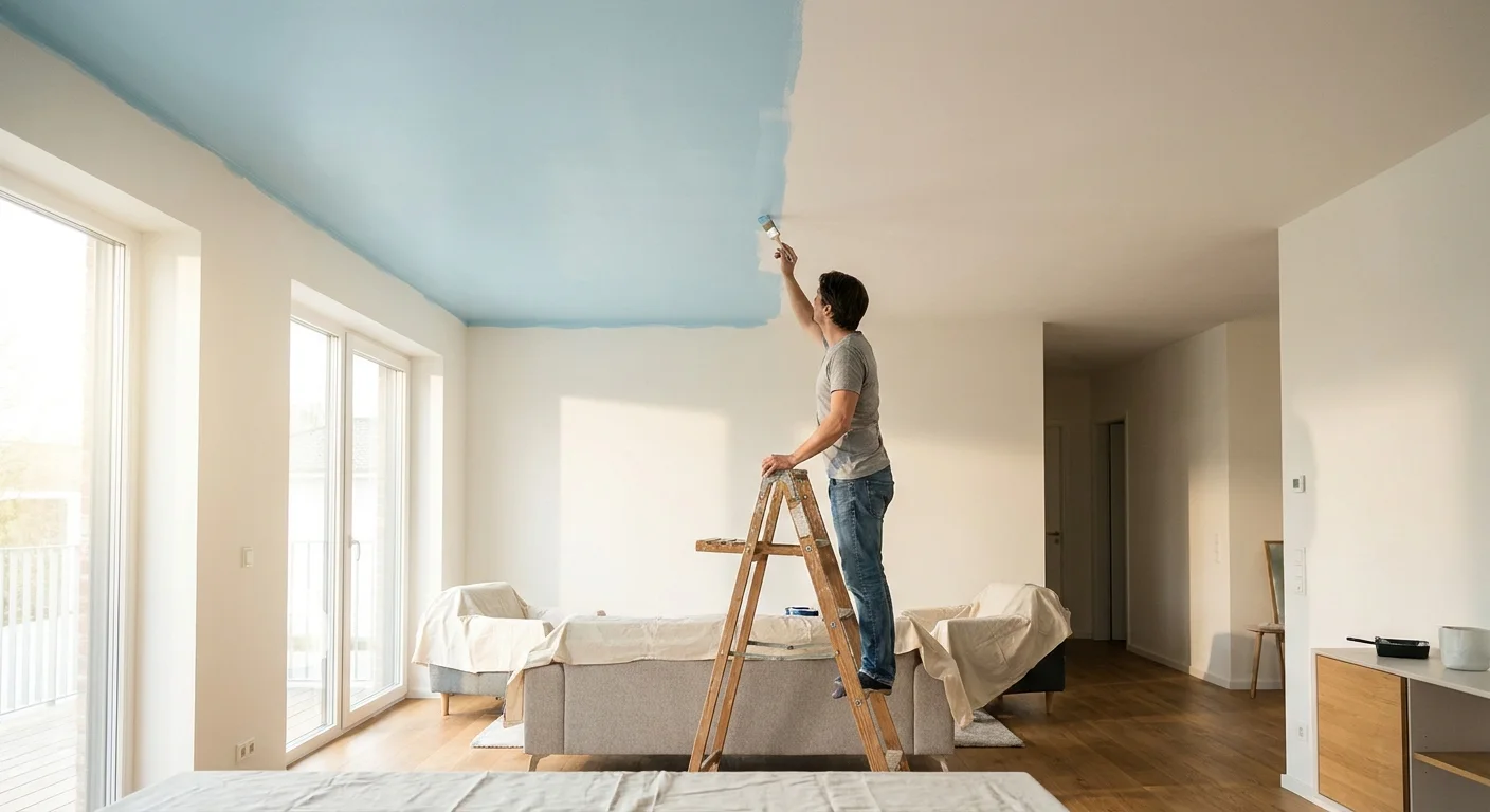A person on a ladder painting a ceiling a soft sky blue next to an old white section, showing how the new color opens up the room.