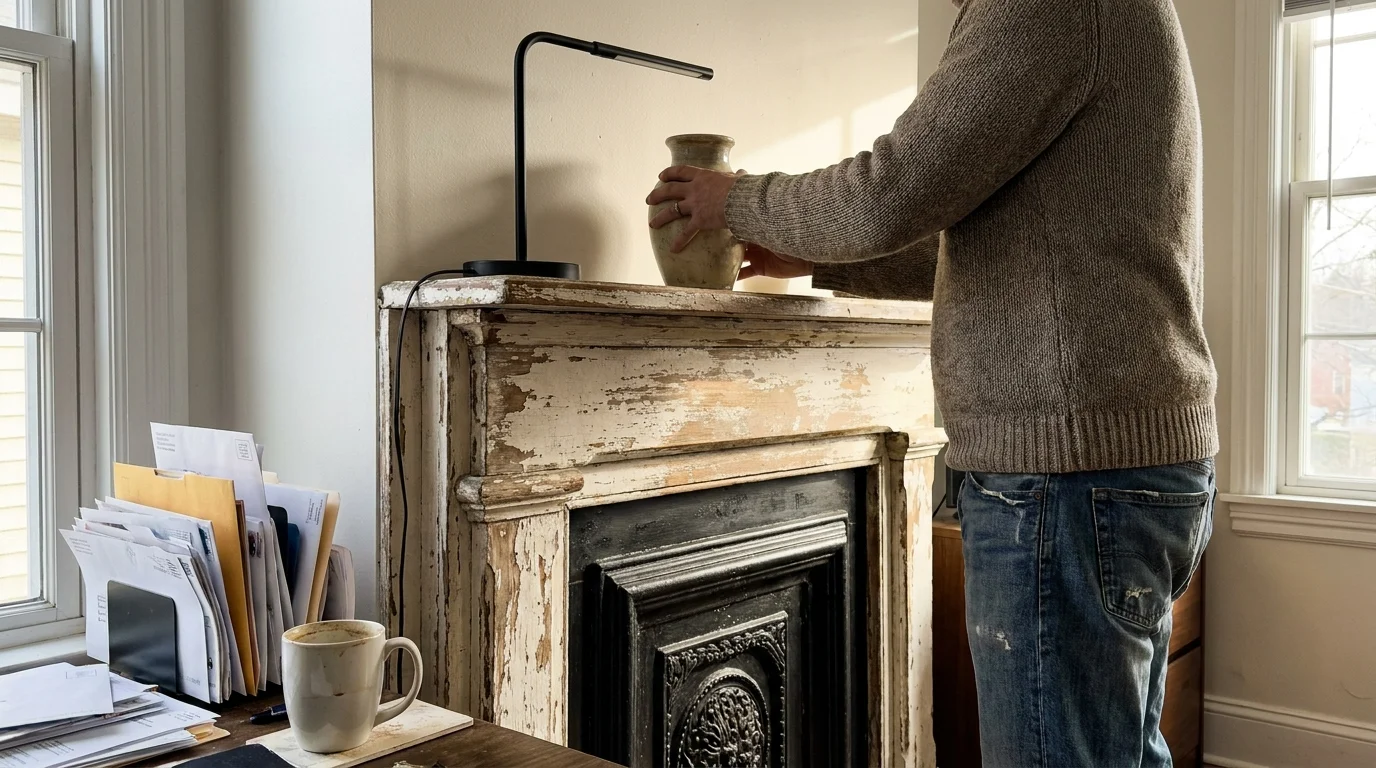 A person placing a modern vase on a vintage white fireplace mantel in a home office.