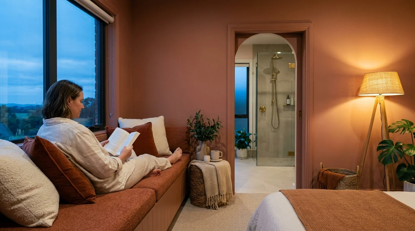 A person relaxing in a thoughtfully designed room with terracotta walls, layered cushions, and soft evening light.