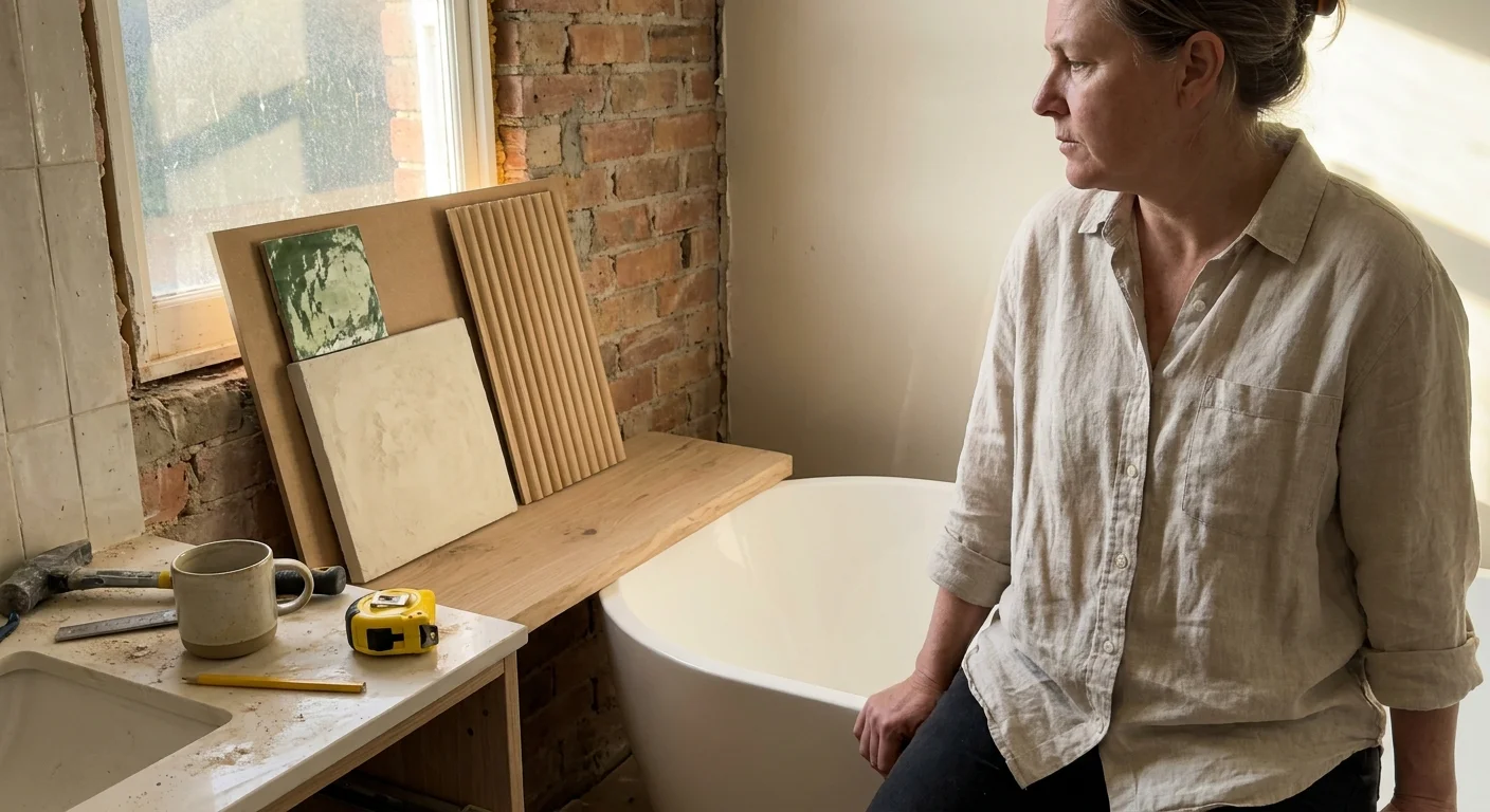 A person sitting in a bathroom under renovation, looking at various tile and wood samples for their project.