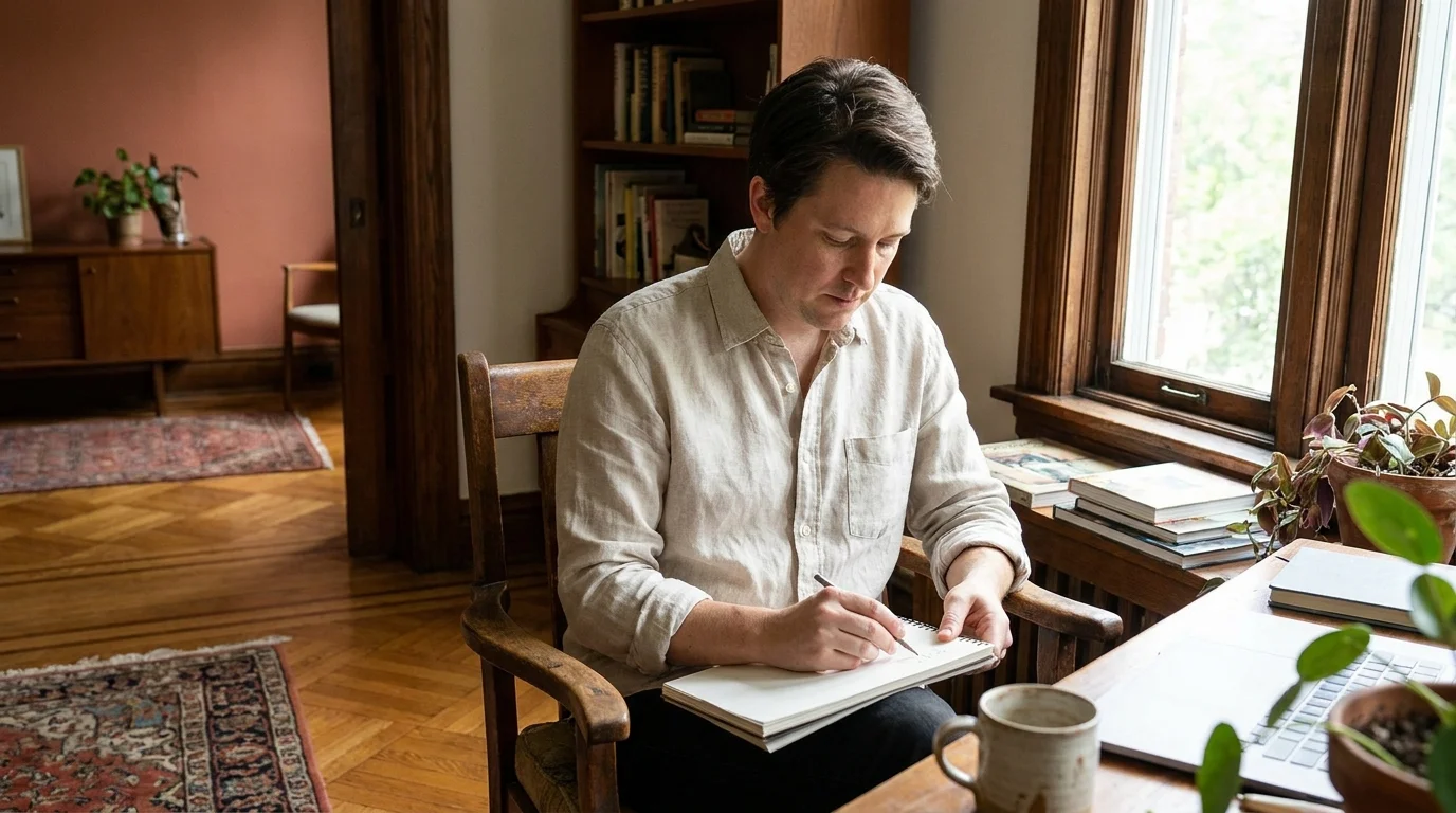 A person working peacefully in a home office that features vintage wood trim, built-in shelves, and warm natural light.