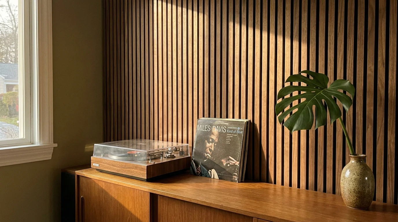 A photo of a walnut slatted wood wall behind a record player in a warm, mid-century modern home.