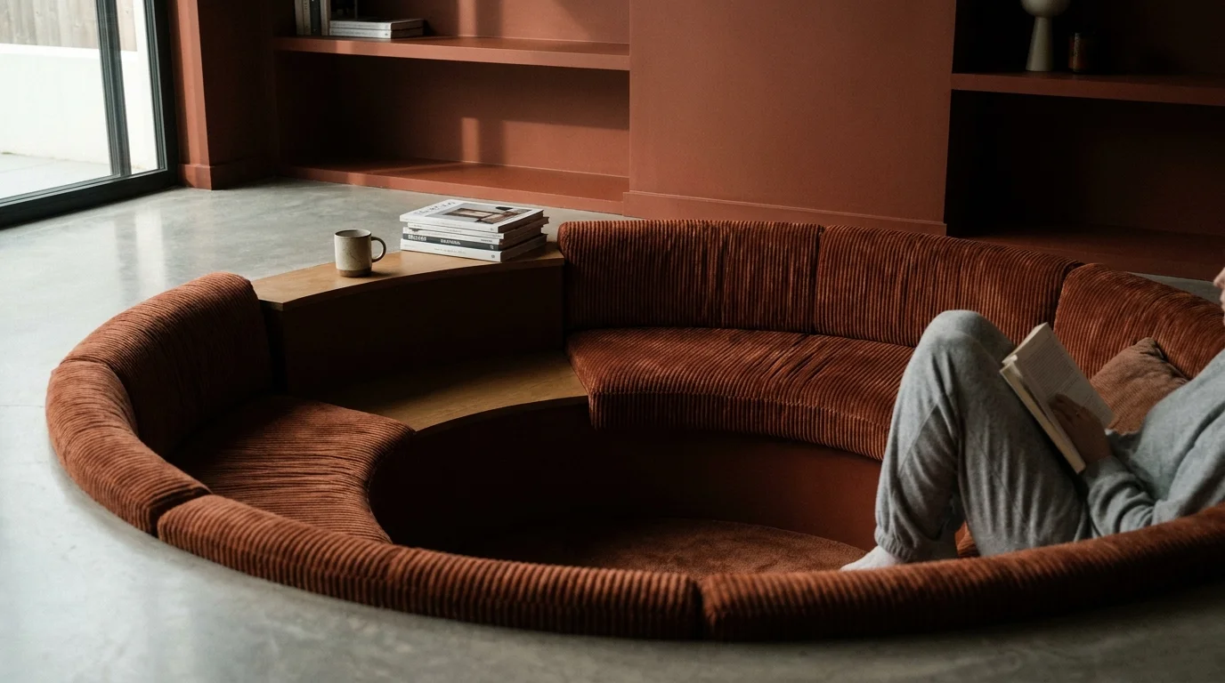A photograph of a modern sunken conversation pit with burnt sienna corduroy seating and matching walls in a bright living room.