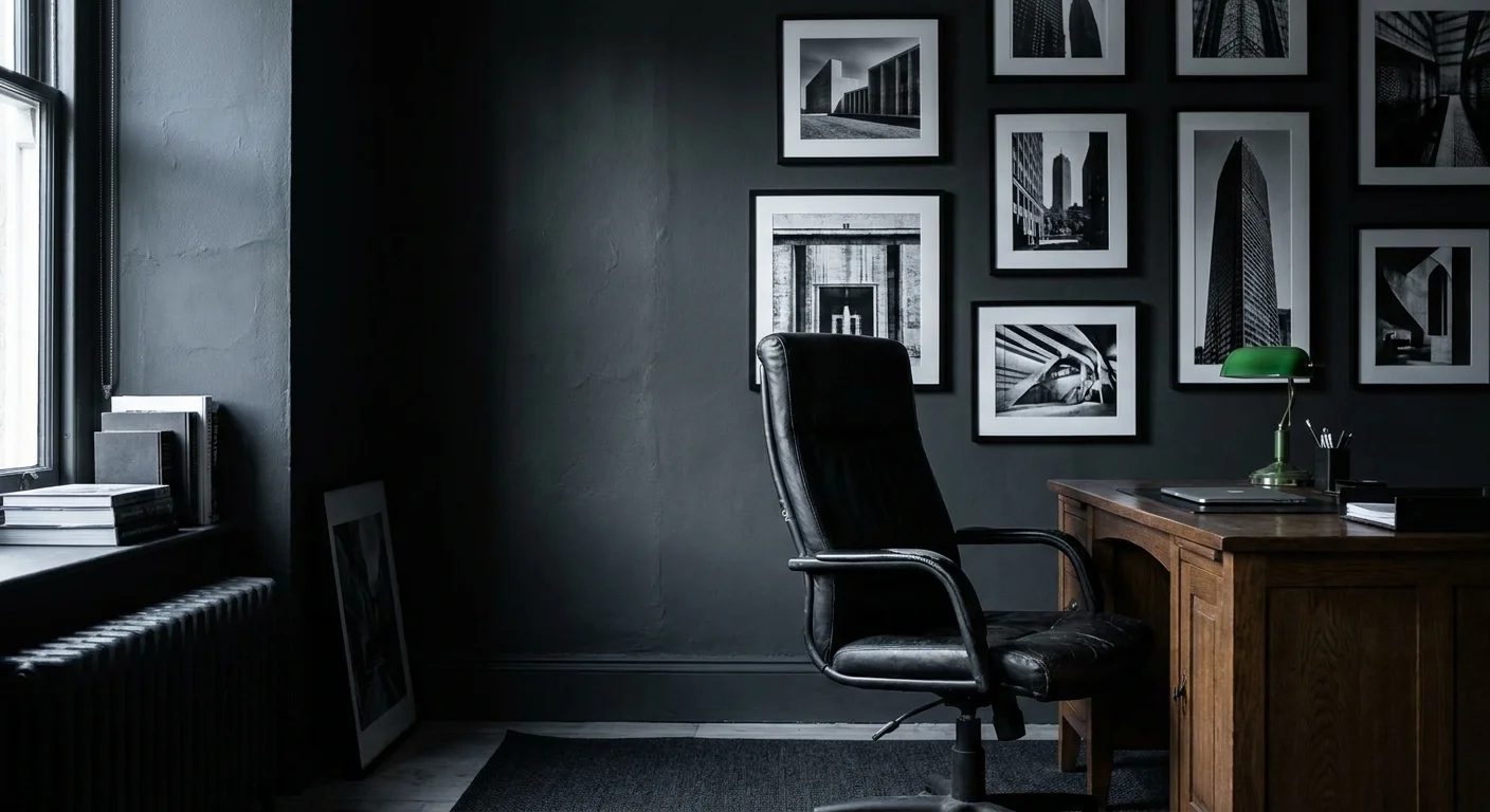 A professional home office with dark charcoal walls and black-and-white framed art.