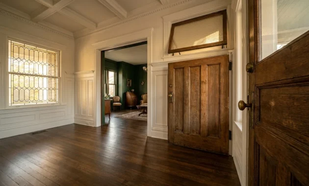A restored historic home entryway featuring original hardwood floors, ornate white millwork, and a glimpse of a dark green parlor room.