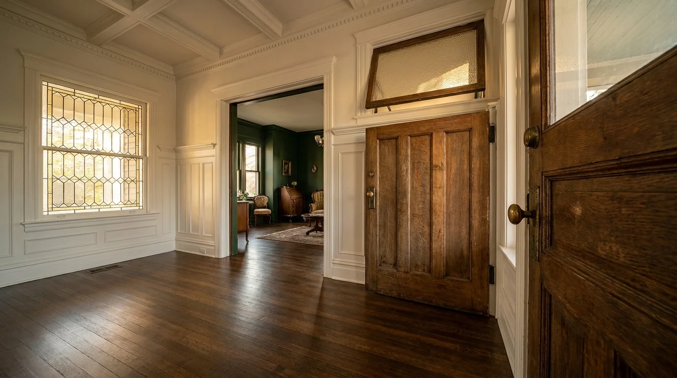 A restored historic home entryway featuring original hardwood floors, ornate white millwork, and a glimpse of a dark green parlor room.