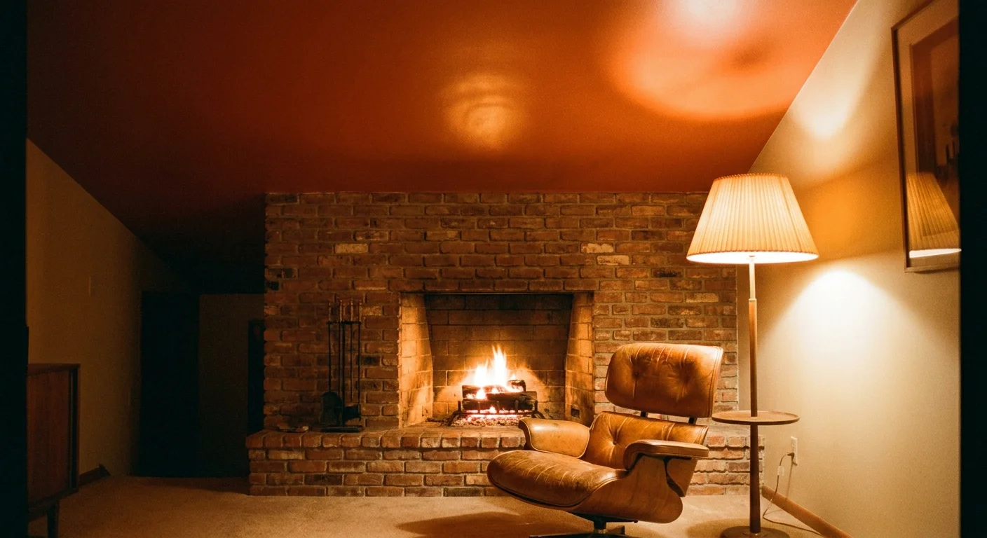 A retro living room with a burnt orange ceiling, a brick fireplace, and a leather chair, captured on warm film.