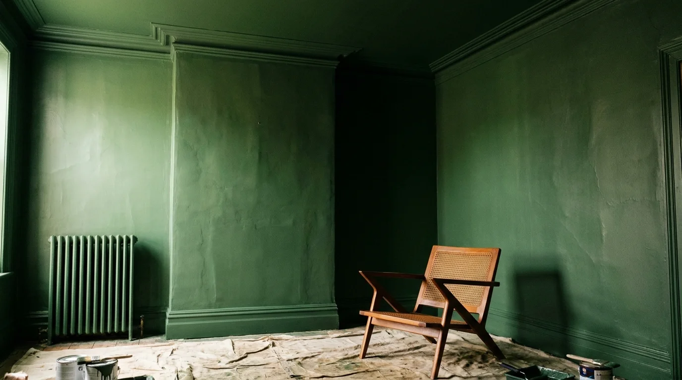 A room corner where walls, trim, and ceiling are all painted the same deep forest green for a cohesive look.