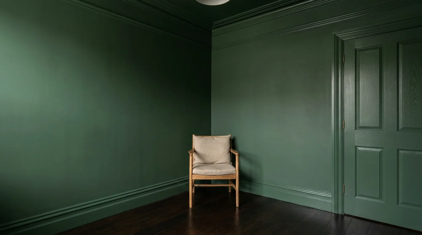 A room corner where walls, trim, and doors are all painted the same deep forest green, creating a seamless and expansive look.