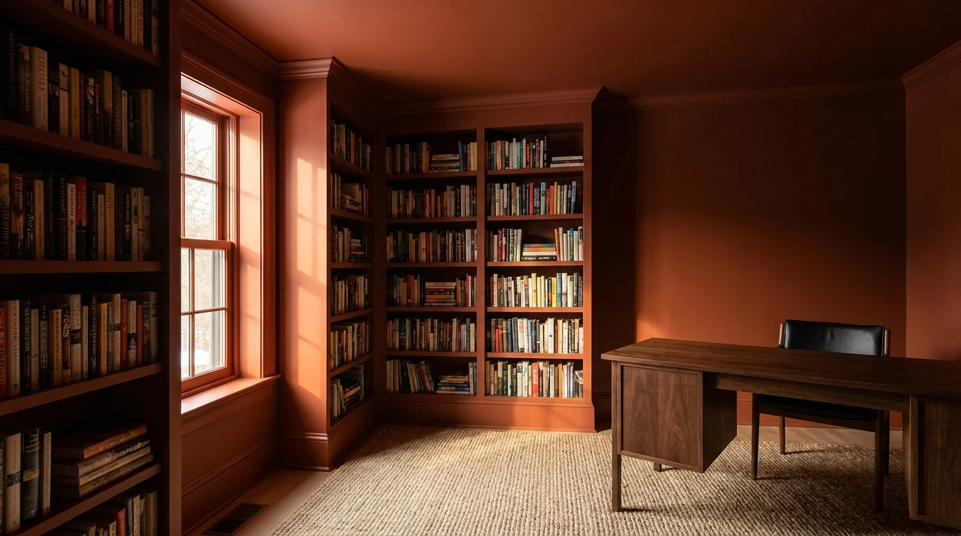 A room where walls, ceiling, and trim are all painted the same deep terracotta color, creating a seamless and high-end look.